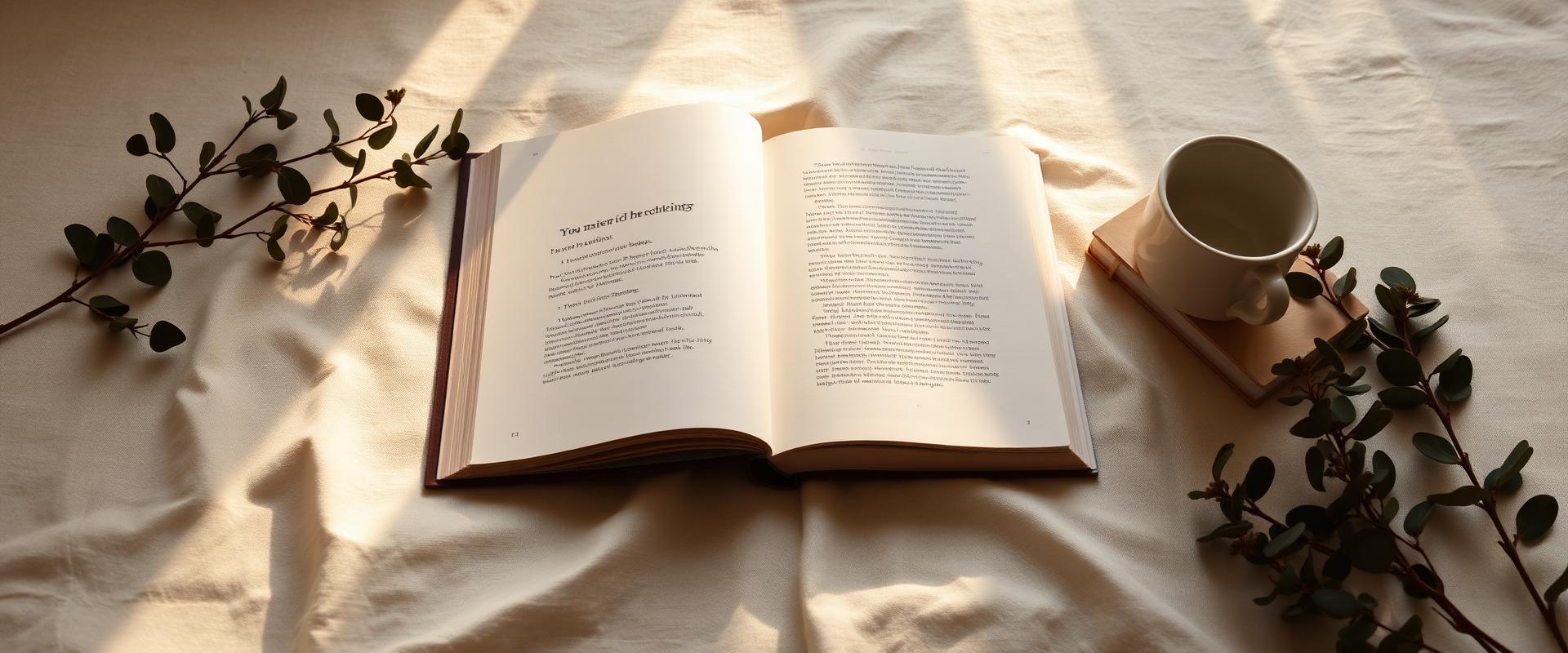 Open book, journals, mug and eucalyptus in soft afternoon light