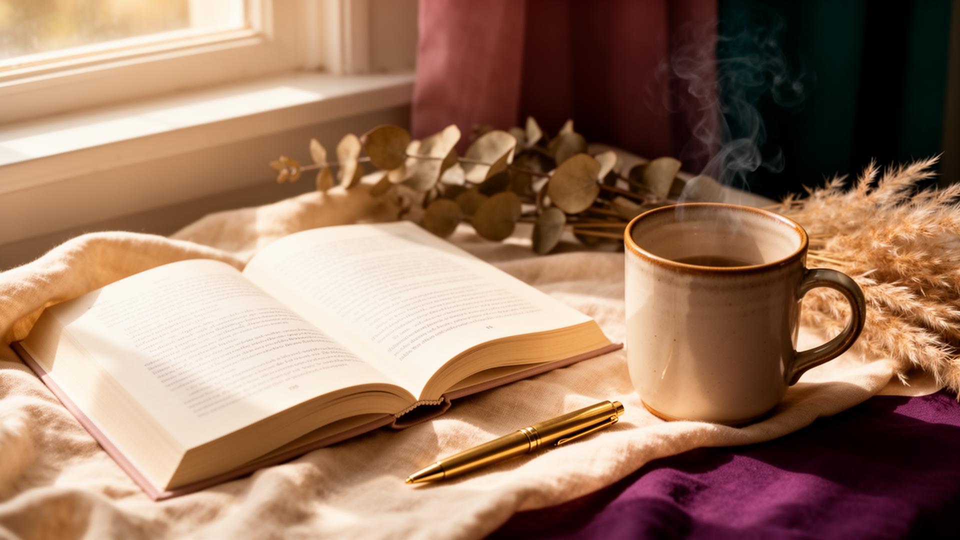 An open inspirational book with a journal and warm cup of coffee in golden afternoon light