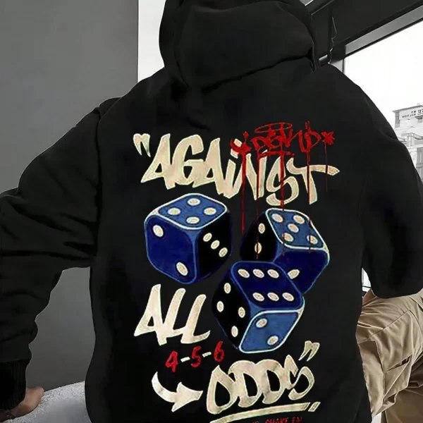 Men's Heavyweight Hooded Sweatshirt With Adversity Pattern - Oversized Streetwear Pullover, Black Geometric Design For Gaming Nights & Casual Wear
