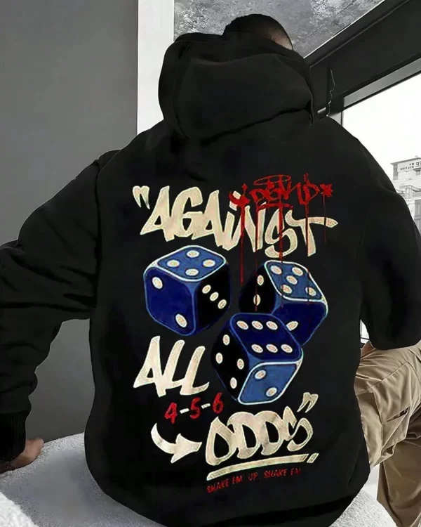 Men's Heavyweight Hooded Sweatshirt With Adversity Pattern - Oversized Streetwear Pullover, Black Geometric Design For Gaming Nights & Casual Wear