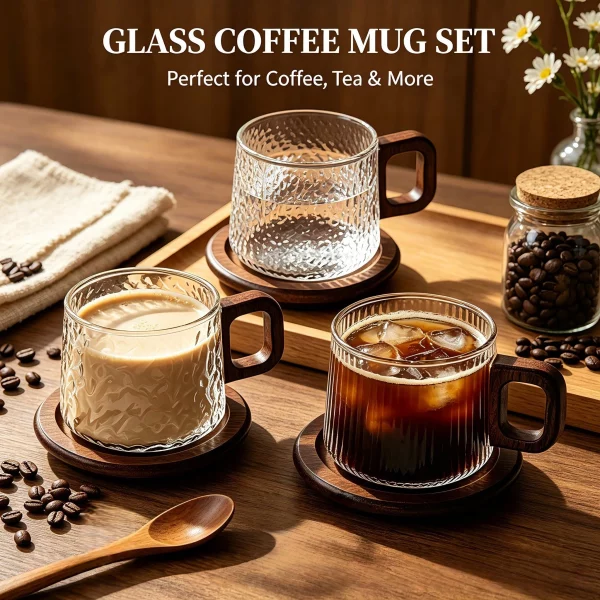 2pcs Glass Coffee Mugs Set With Wooden Coasters, 260ml Borosilicate Coffee Cups With Wooden Handle, Aesthetic Ribbed Hammered Wavy Embossed Tumblers For Home Kitchen Coffee Bar