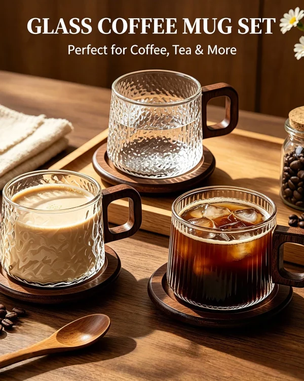 2pcs Glass Coffee Mugs Set With Wooden Coasters, 260ml Borosilicate Coffee Cups With Wooden Handle, Aesthetic Ribbed Hammered Wavy Embossed Tumblers For Home Kitchen Coffee Bar