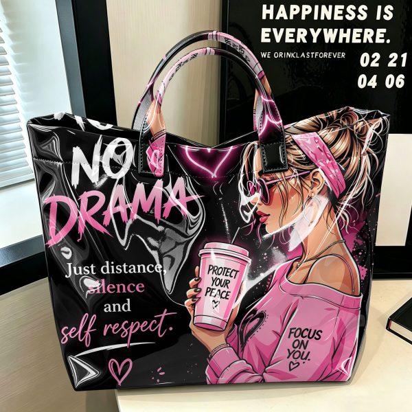 No Drama Coffee Phone Heart Glossy Purple, White and Black Tote Bag