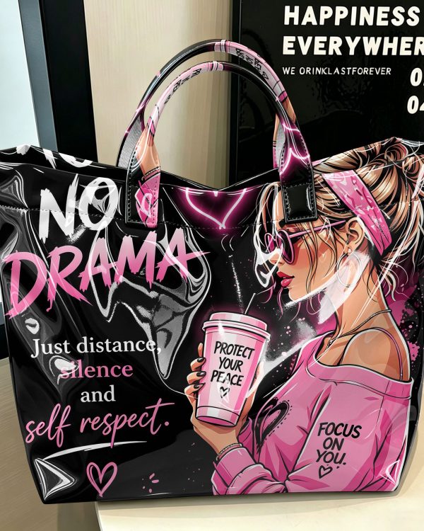 No Drama Coffee Phone Heart Glossy Purple, White and Black Tote Bag