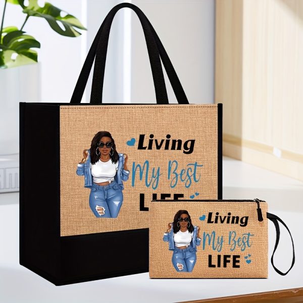 Living My Best Life Tote Bag with Makeup Bag