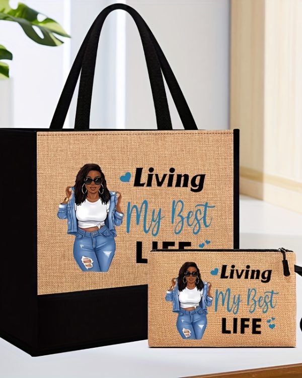 Living My Best Life Tote Bag with Makeup Bag